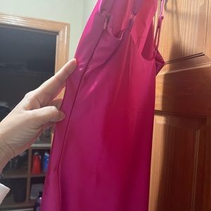 Hot pink satin/silky dress hits just below knee